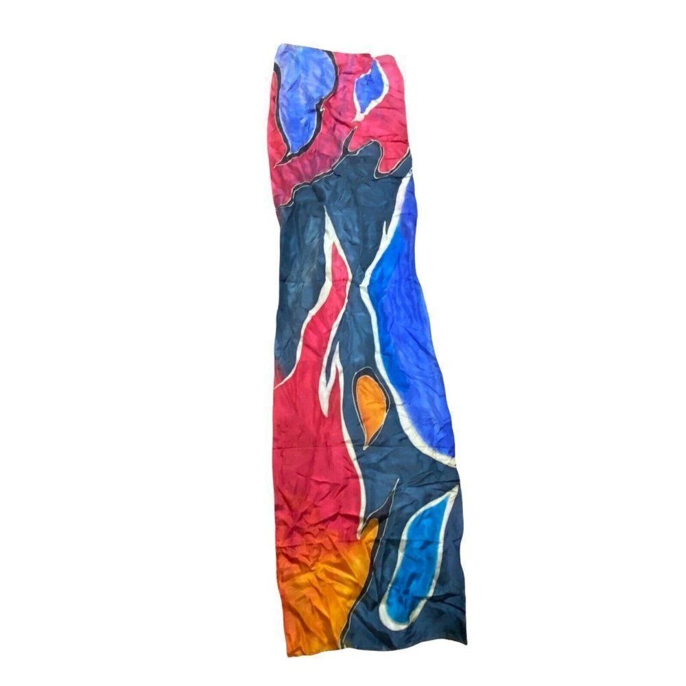 Hand Dyed Batik Abstract Artist Signed R Zarrouk Silk Scarf Long Colorful Shapes - Picture 2 of 3